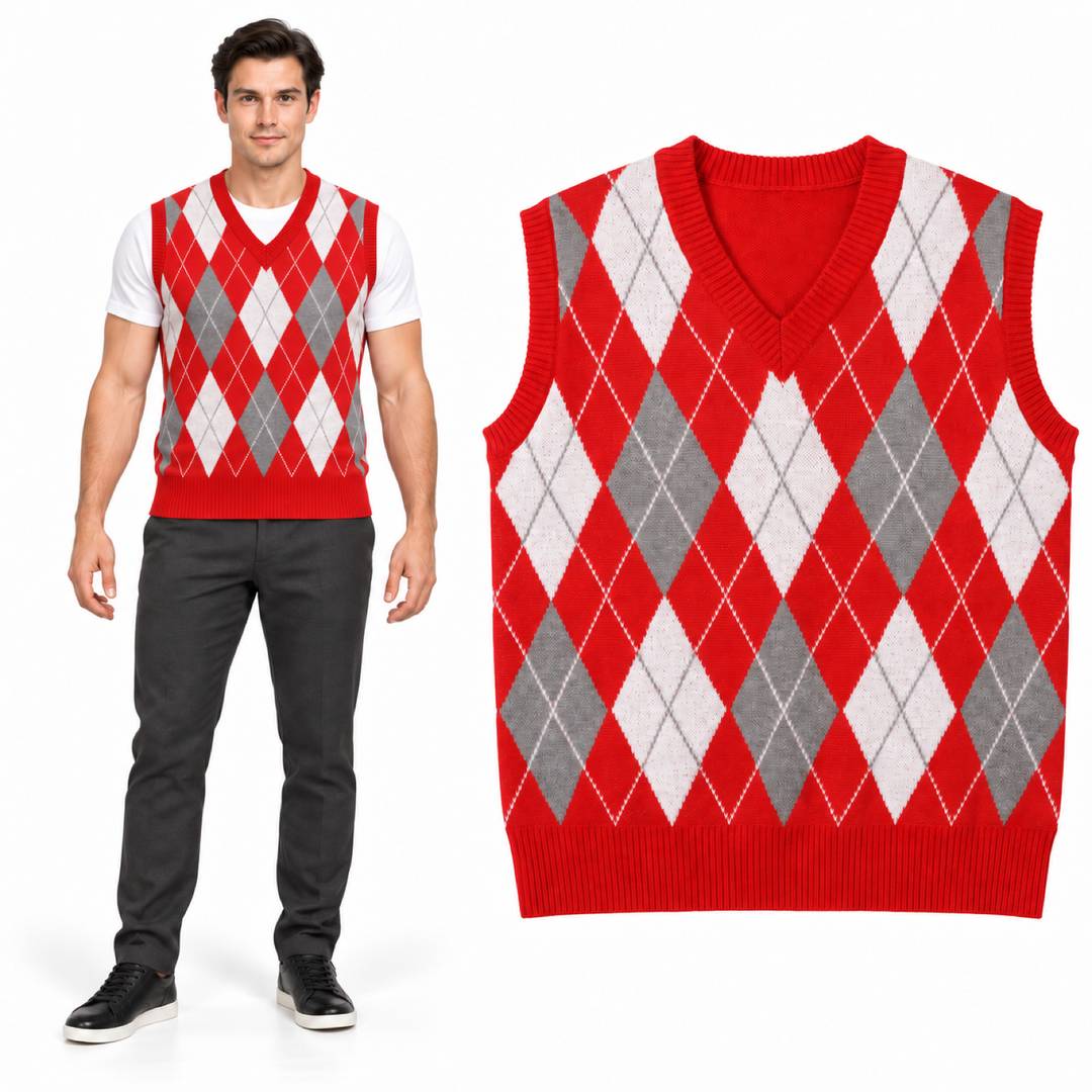 Adult Red Argyle Sweater Vest | Retro Halloween Fancy Dress Costume