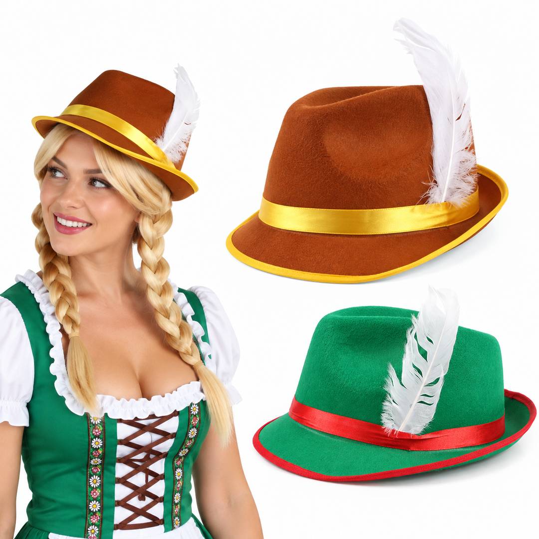 Ladies Bavarian Hat - Oktoberfest Bavarian Hat with Feather Detail - Adults German Tyrolean Trilby Fancy Dress Accessory
