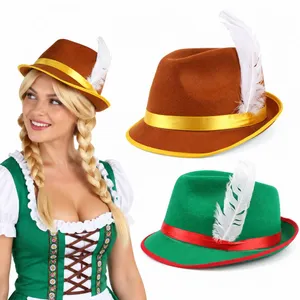 Ladies Bavarian Hat - Oktoberfest Bavarian Hat with Feather Detail - Adults German Tyrolean Trilby Fancy Dress Accessory