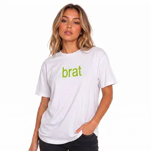 Adult White T-Shirt with Green 'Brat' Text Print - Concert Tee