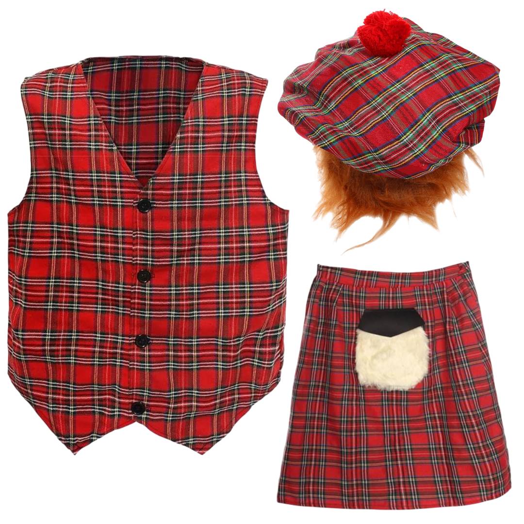 Mens Burns Night Tartan Outfit | Kilt Waistcoat Tam O'Shanter Hat Set