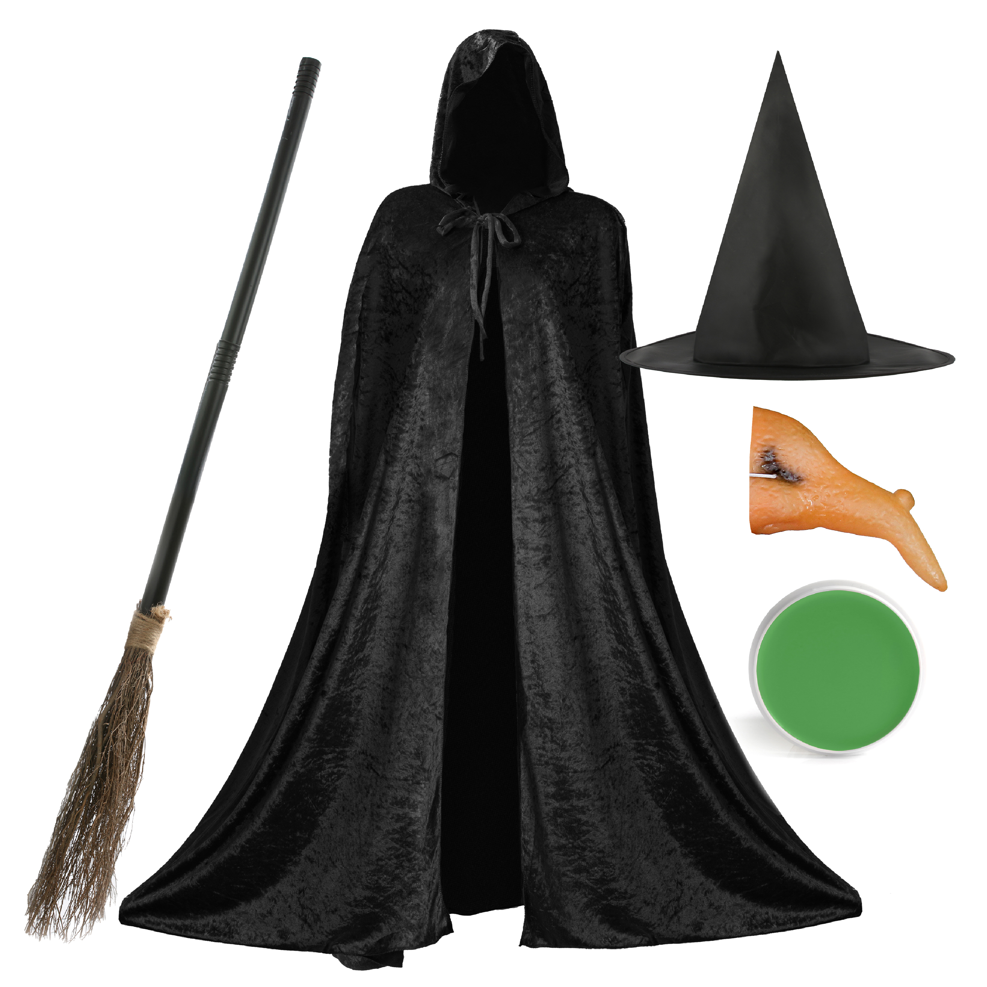 Ladies Witch Costume Set - Cape, Hat, Broom, Nose & Face Paint