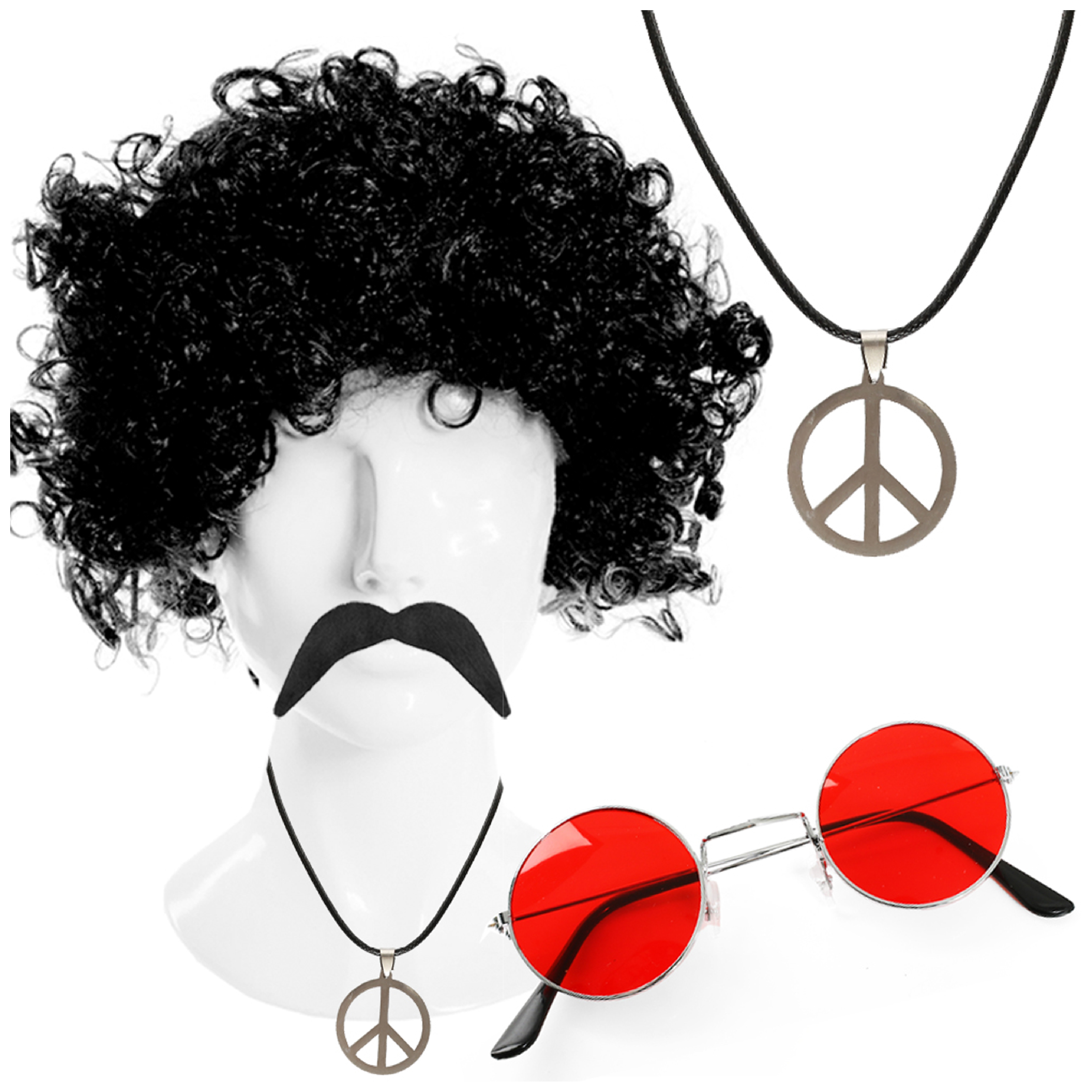 Hippy Accessory Set - Afro Wig, Moustache, Necklace & Red Glasses