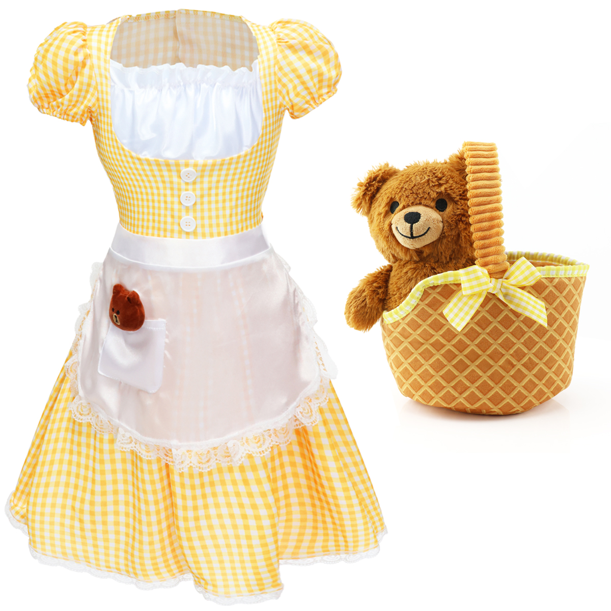 Ladies Goldilocks Costume | 3 Pcs | Dress, Soft Basket & Bear