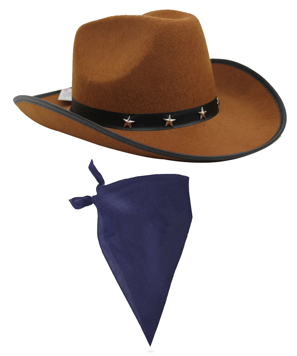 Brown Star Studded Cowboy Hat & Navy Blue Bandana