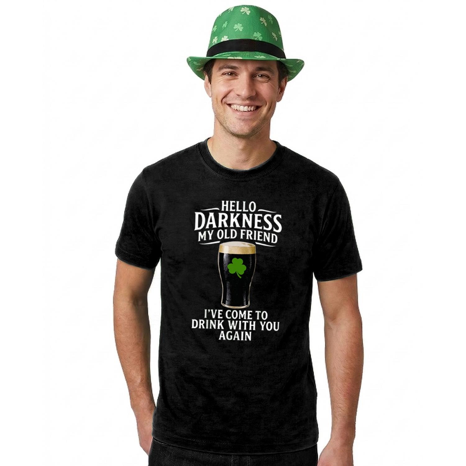 Adults Funny St Patricks Day Costume | Trilby Hat & T-Shirt “Hello Darkness My Old Friend I've Come to Drink with You Again” | Black Tee with Beige Print