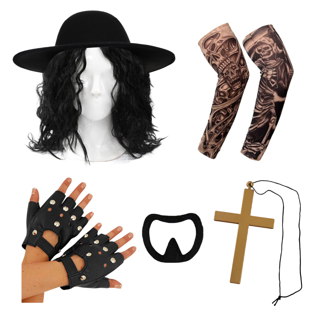 1990's Wrestler Accessory Set | 6Pcs | Hat, Wig, Cross, Goatee, Tattoo Sleeves & Gloves