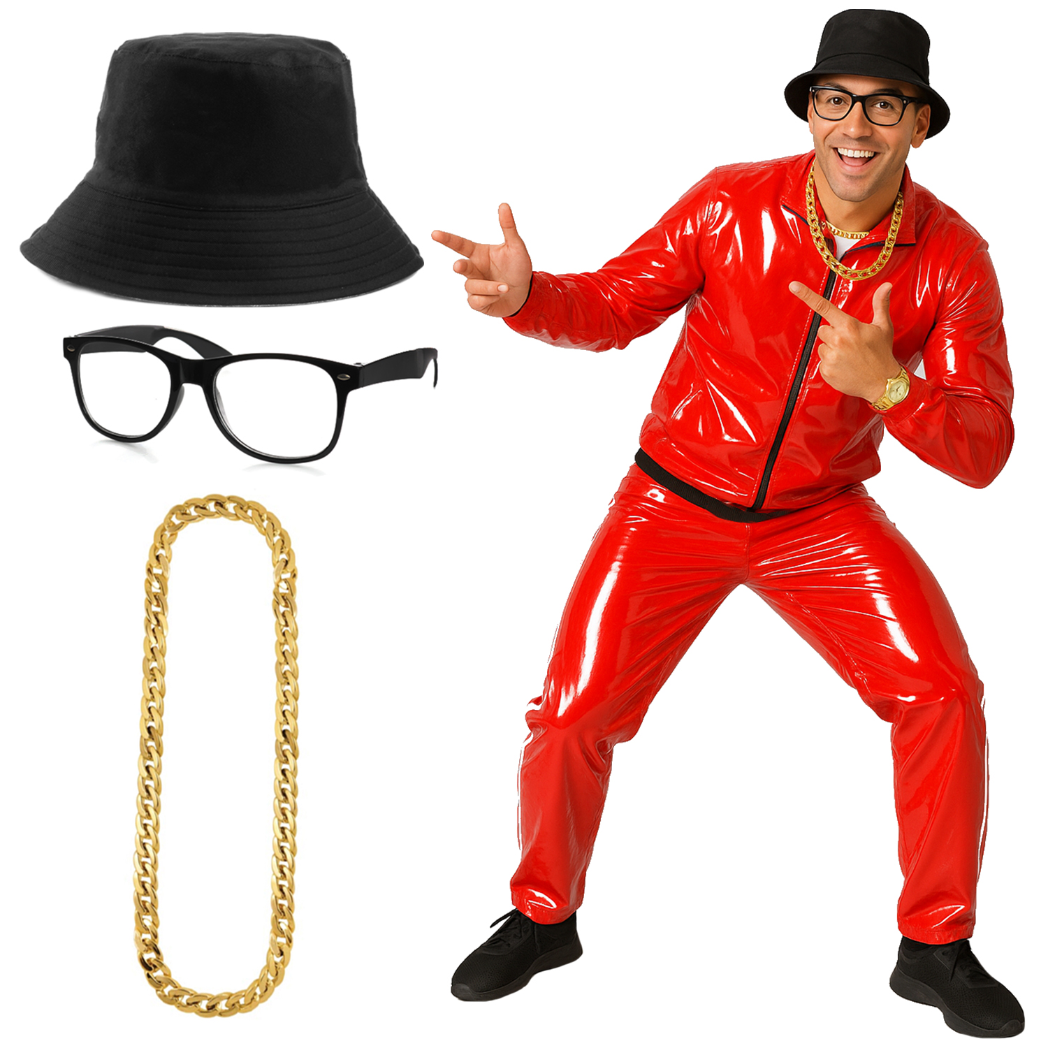 Adults 80s Hip-Hop Rapper Costume – Red Tracksuit, Hat & Glasses – Old-School Fancy Dress Set