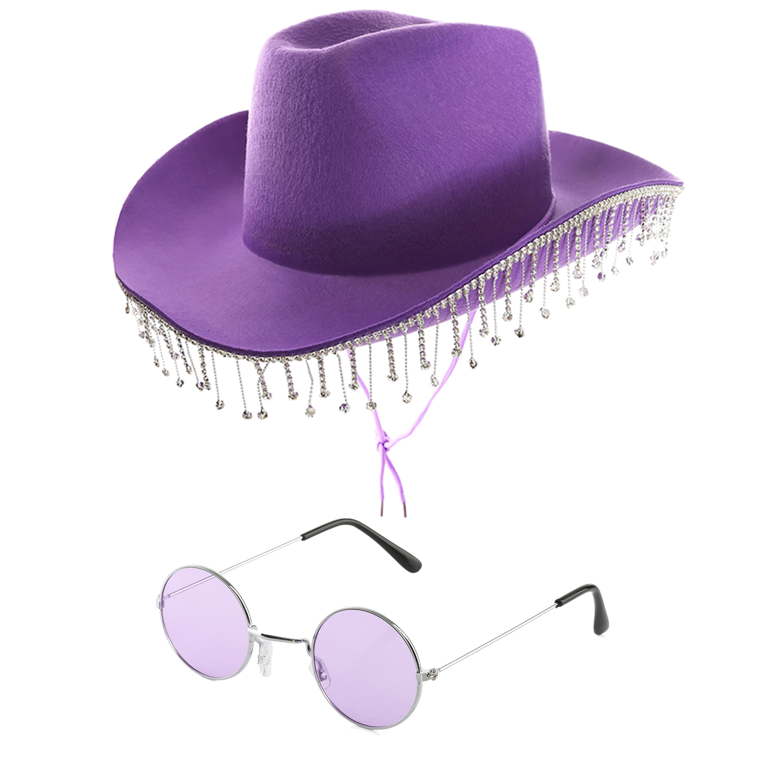 Purple Cowboy Hat with Diamantes & Circular Glasses