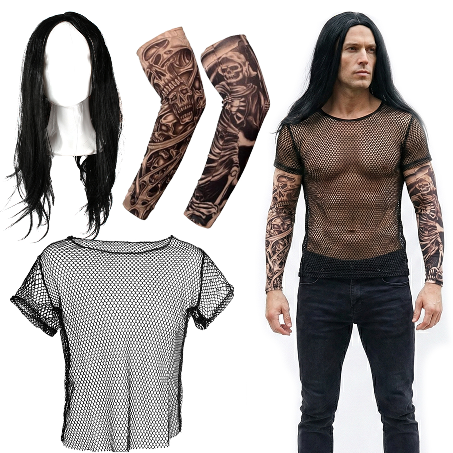 Men's 2000's American Wrestler Costume | 3 Pcs | Mesh Top, Long Wig & Tattoos