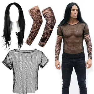 Men's 2000's American Wrestler Costume | 3 Pcs | Mesh Top, Long Wig & Tattoos
