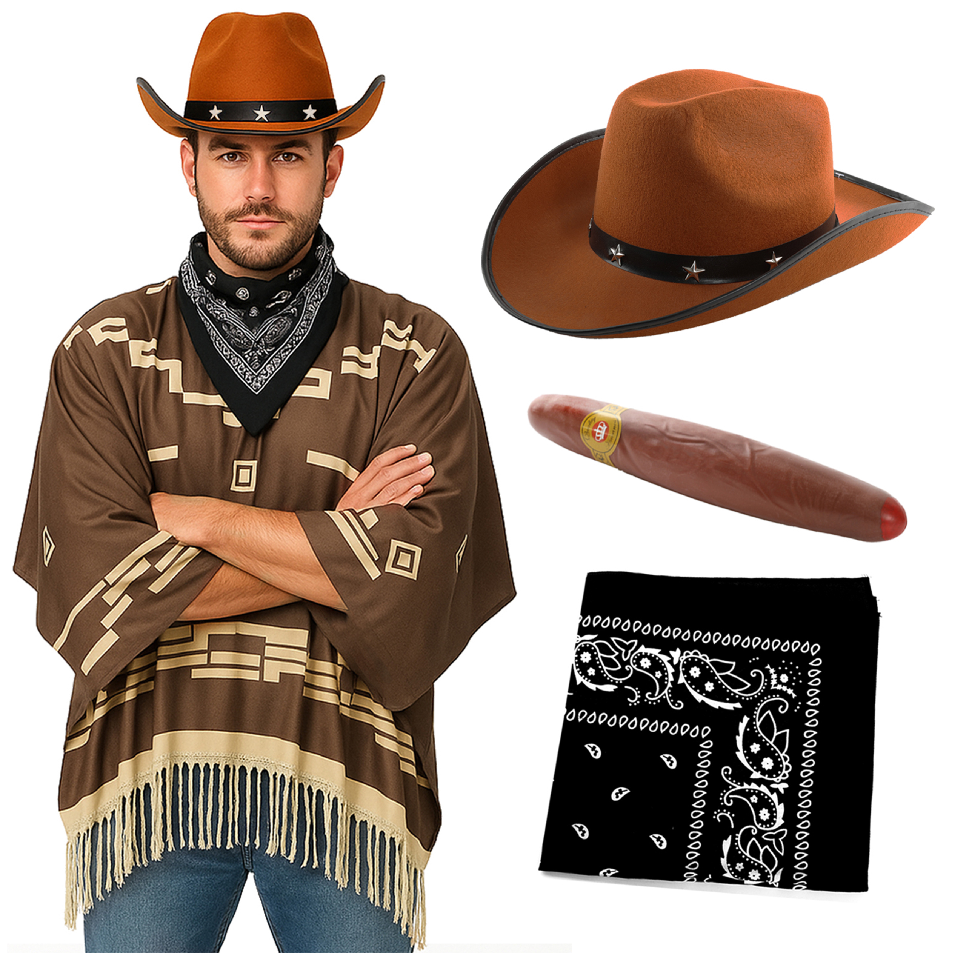 Adults Wild Western Costume | 4 Pcs | Brown Poncho, Cigar, Black Bandana & Brown Star Studded Cowboy Hat