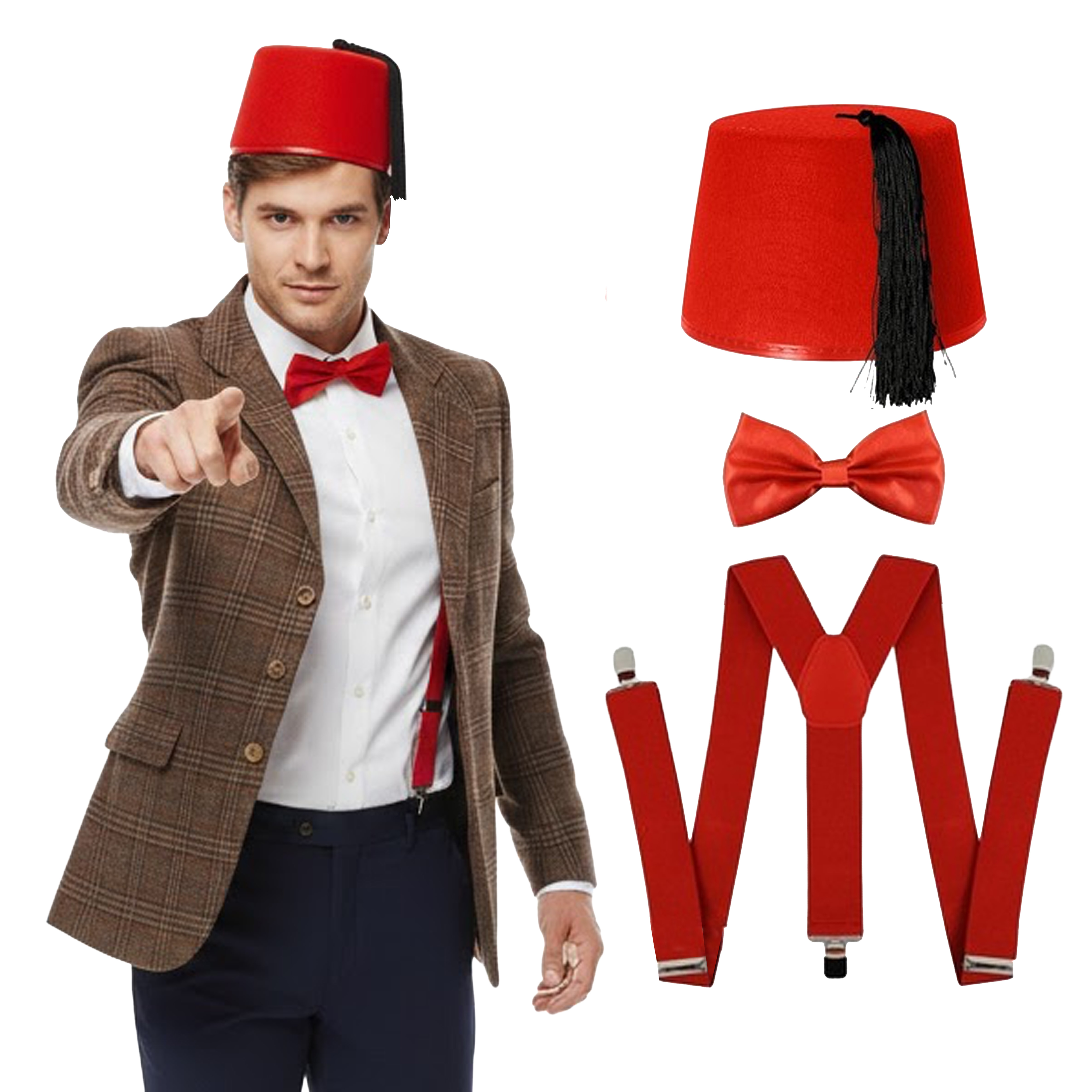 Adults Time Traveller Costume | 4 Pcs | Blazer, Fez, Braces & Bow Tie