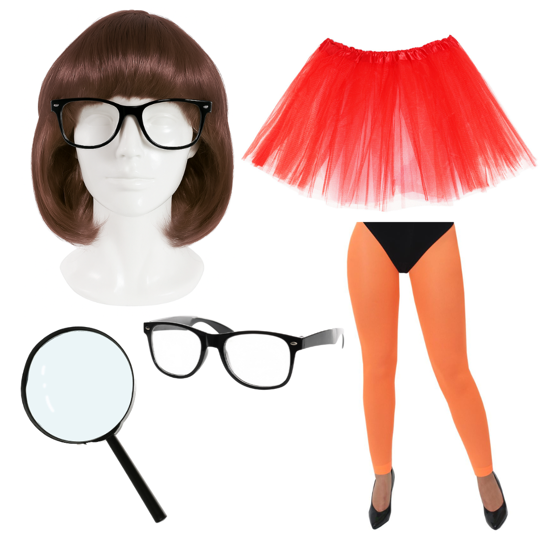 Adults Mystery Girl Costume Set | 5 Pcs | Bob Wig, Red Tutu, Tights, Glasses & Magnifying Glass