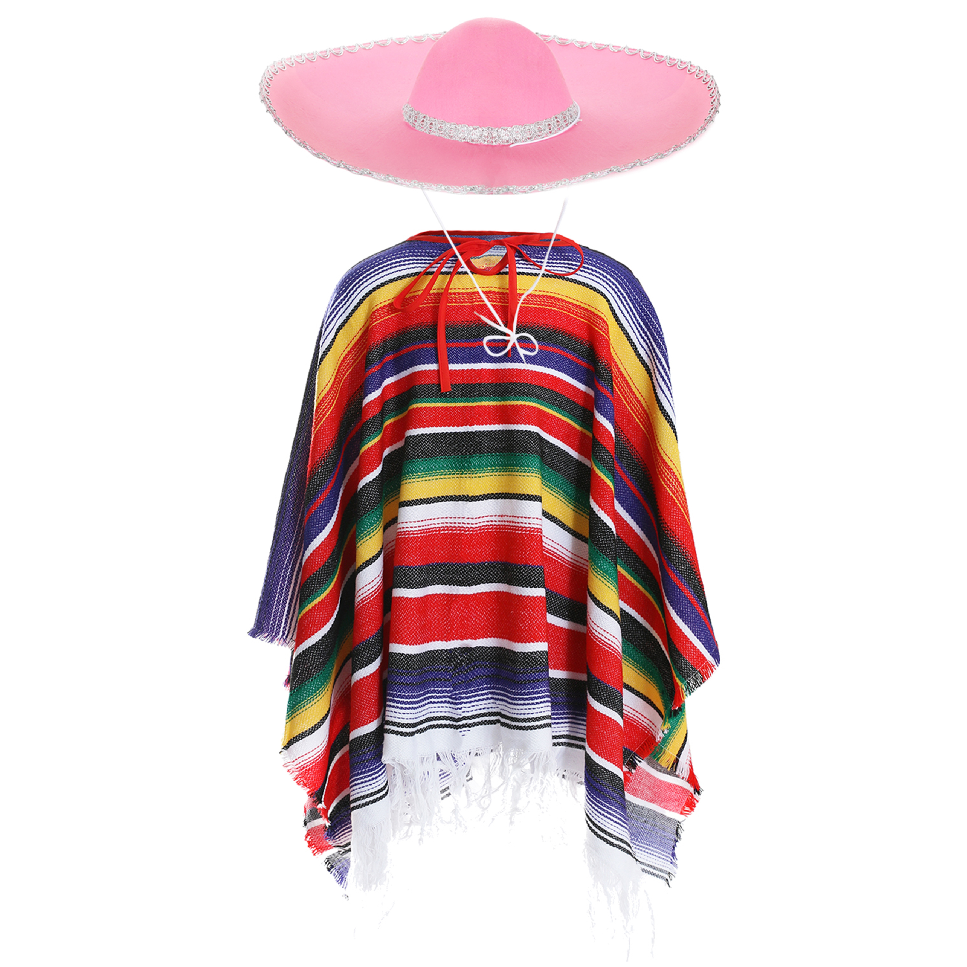 Multicoloured Striped Poncho & Pink Felt Sombrero