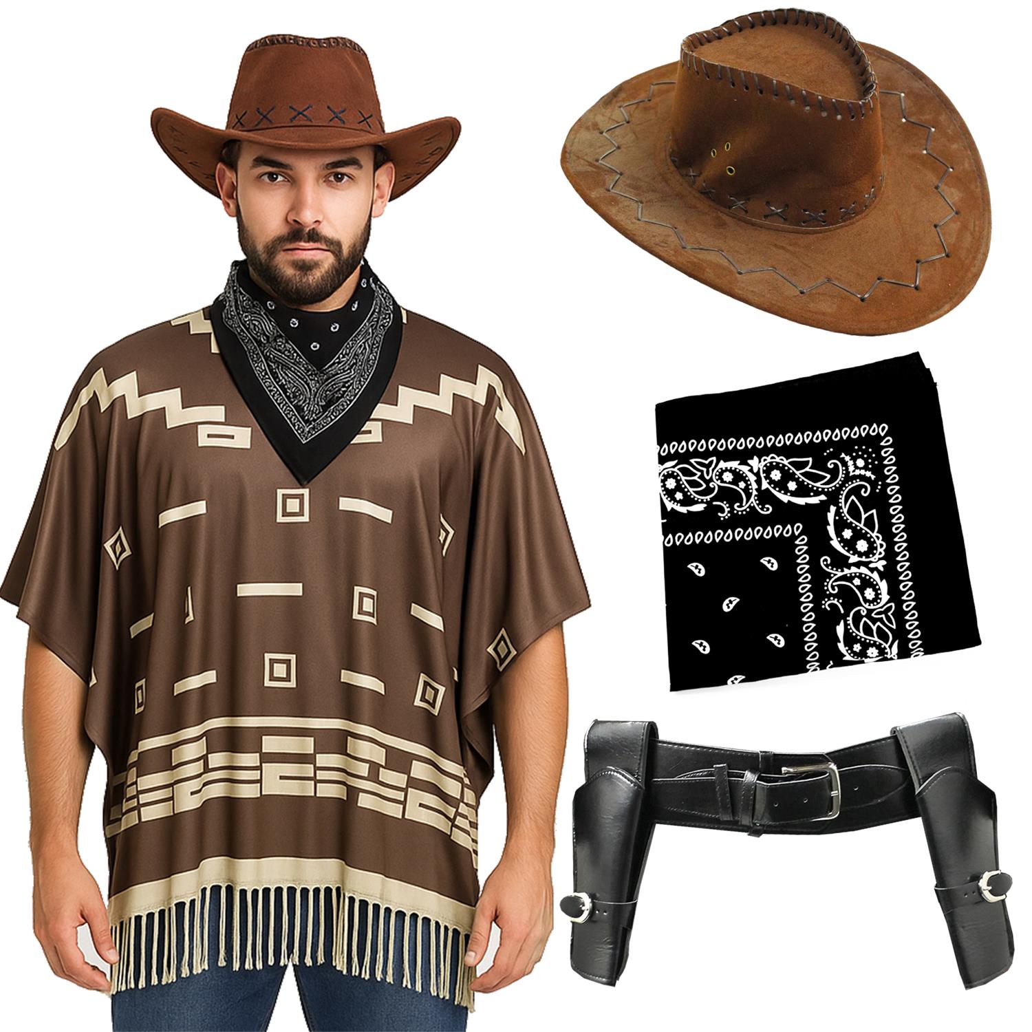 Adults Wild Western Costume | 4 Pcs | Brown Poncho, Black Bandana, Holster & Brown Suede Cowboy Hat