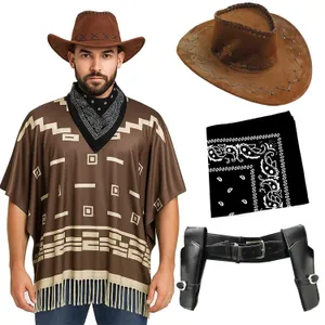 Adults Wild Western Costume | 4 Pcs | Brown Poncho, Black Bandana, Holster & Brown Suede Cowboy Hat