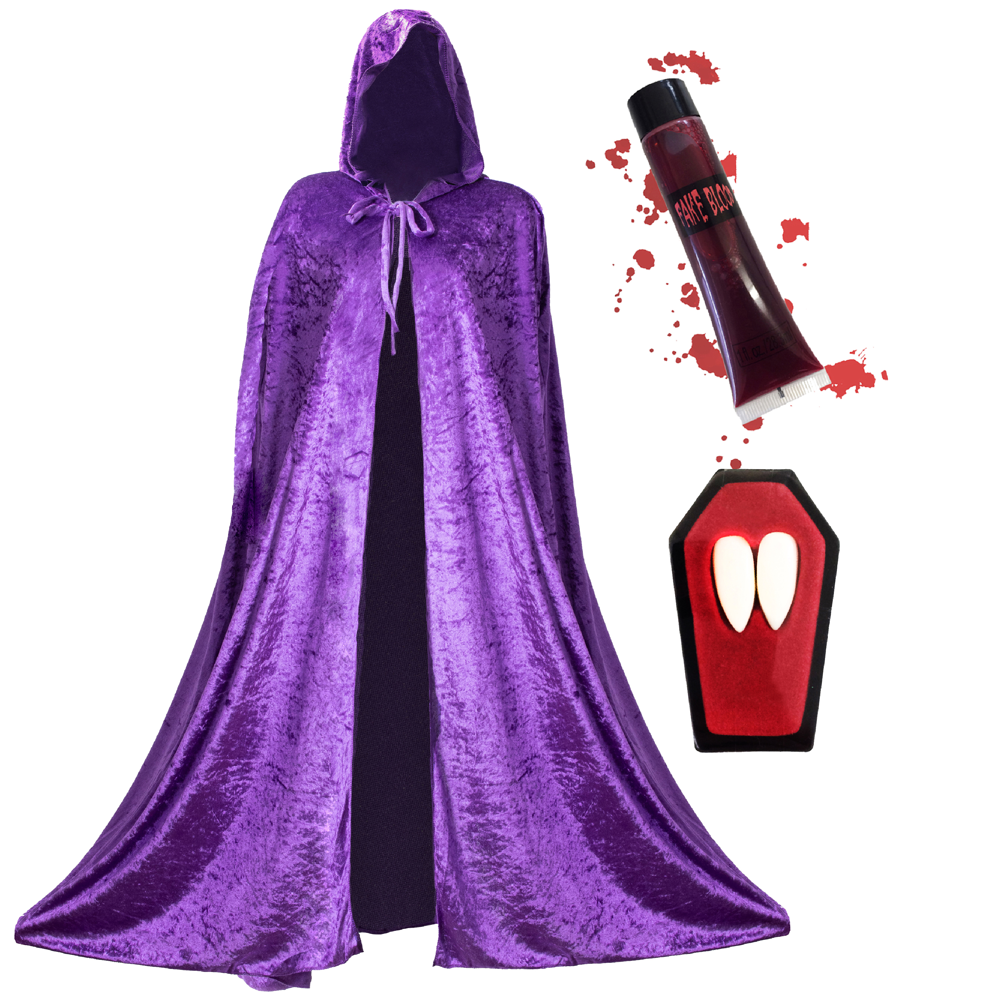 Adults Vampire Costume - Purple Velour Cape, Blood & Fangs