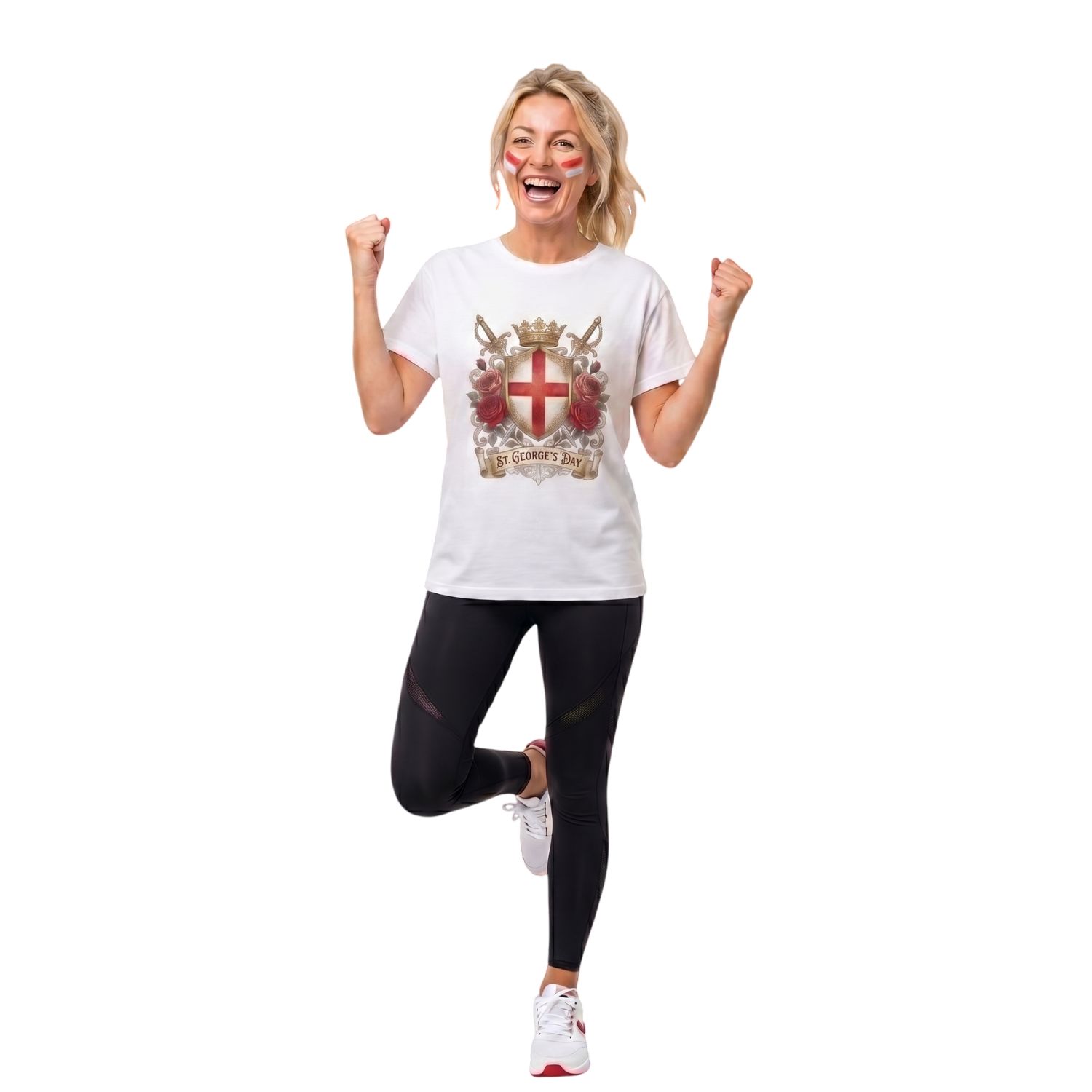 Ladies St George’s Day T-Shirt with Face Paint | White England Shield & Rose Graphic Tee | Patriotic Celebration Top