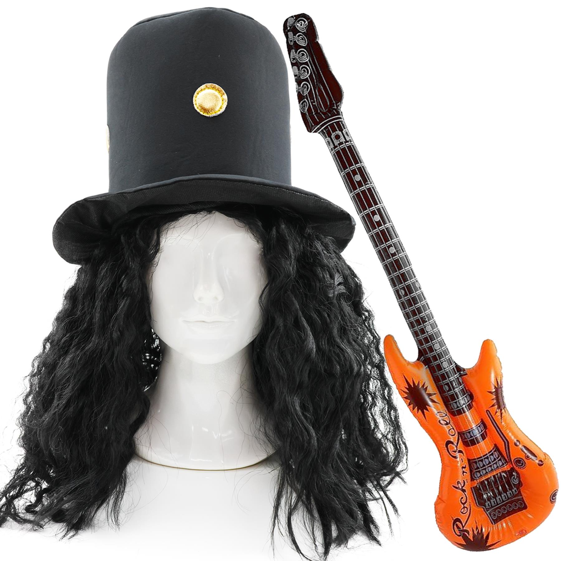 Deluxe Adults Guitar Hero Costume Set – Rock Star Hat, Wig & Inflatable Guitar