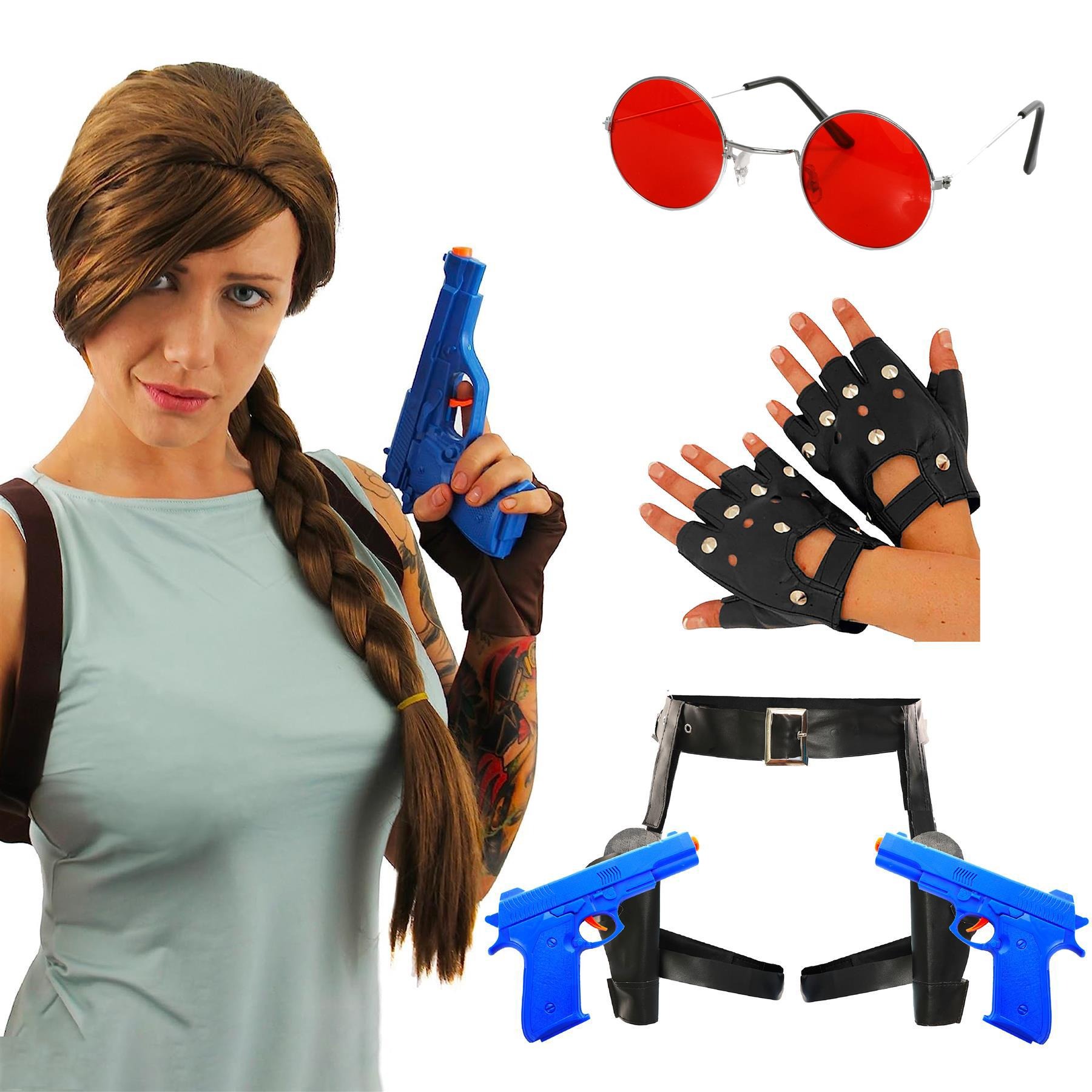 Ladies Temple Hunter Accessory Set | 4 Pcs | Wig, Gun Holster, Gloves & Round Glasses