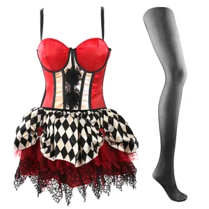 Ladies Harlequin Clown Corset and Tutu Costume with Fishnet Tights