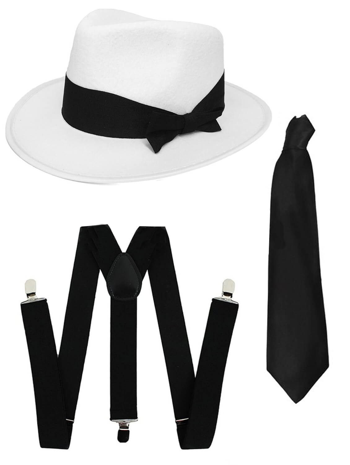 Gangster Set- White Trilby Hat, Black Tie & Black Braces