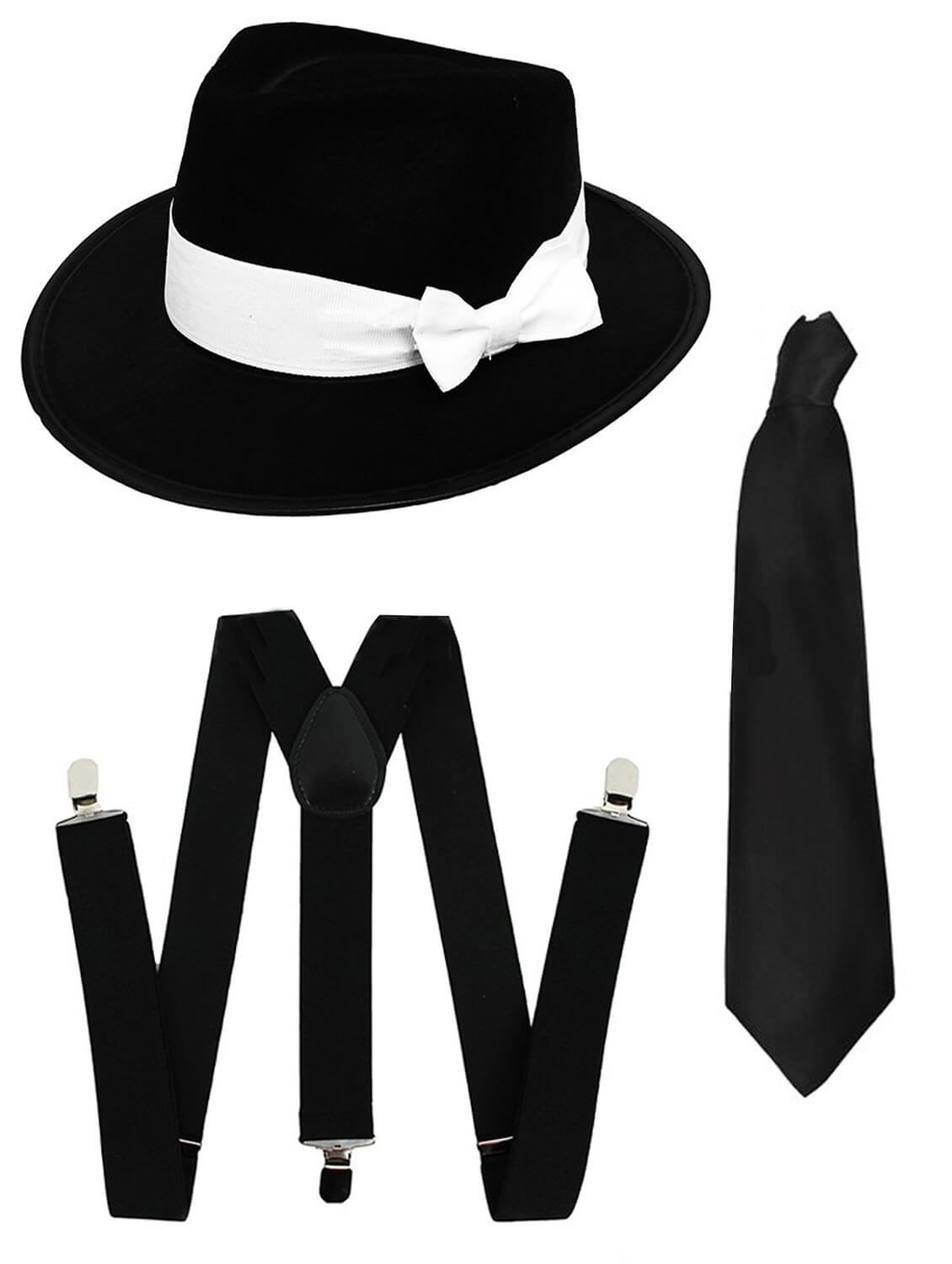 Gangster Set- Trilby Hat, Tie & Braces (Black)