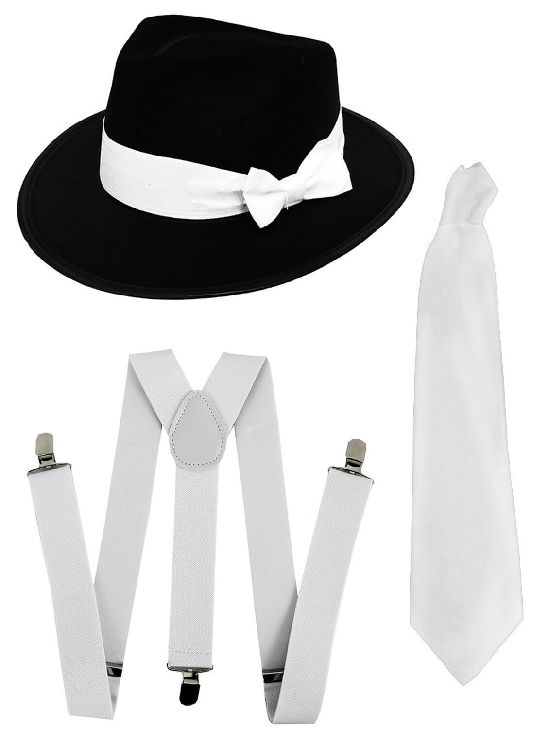 Gangster Set- Trilby Hat, Tie & Braces (White)