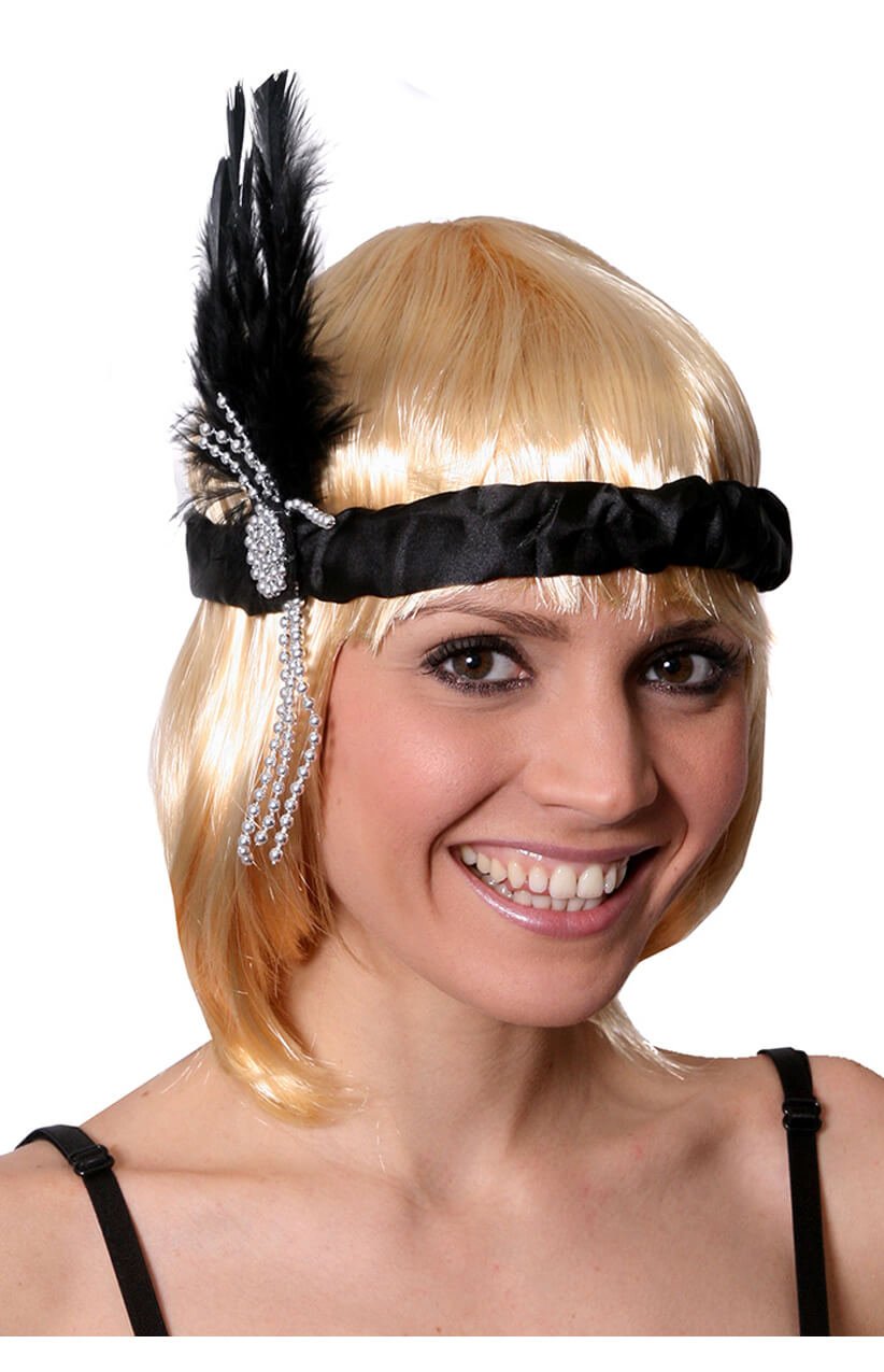Black Flapper Headband with Feathers