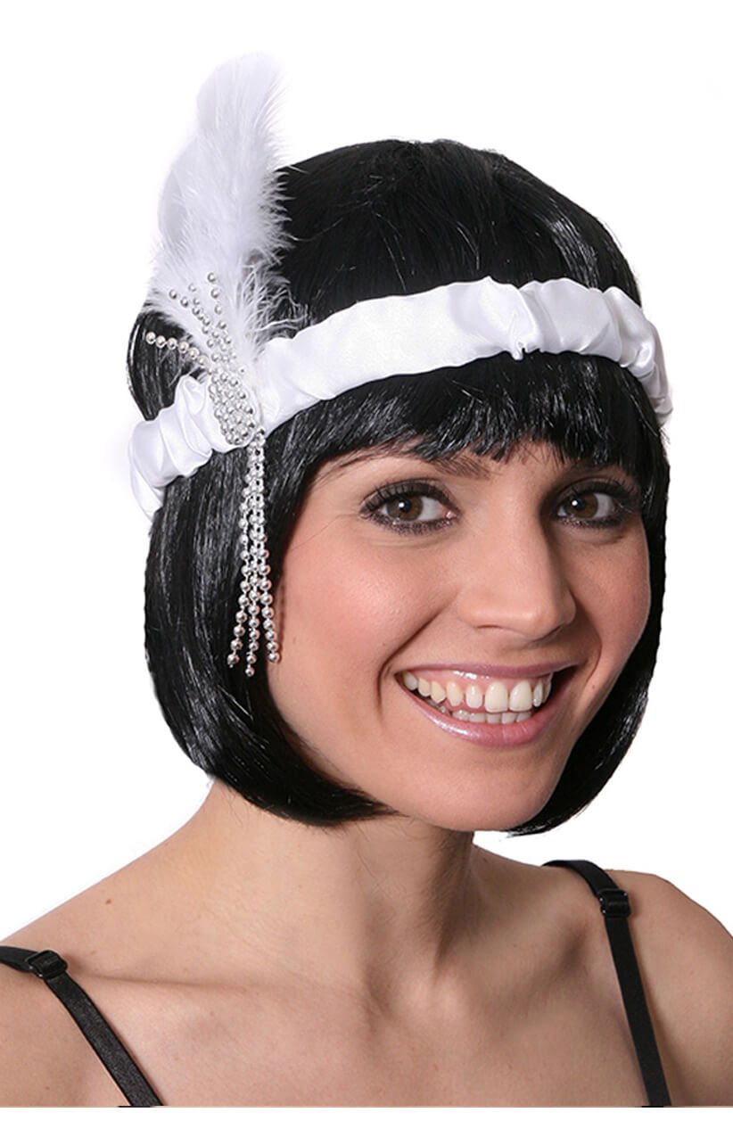 White Flapper Headband with Feathers