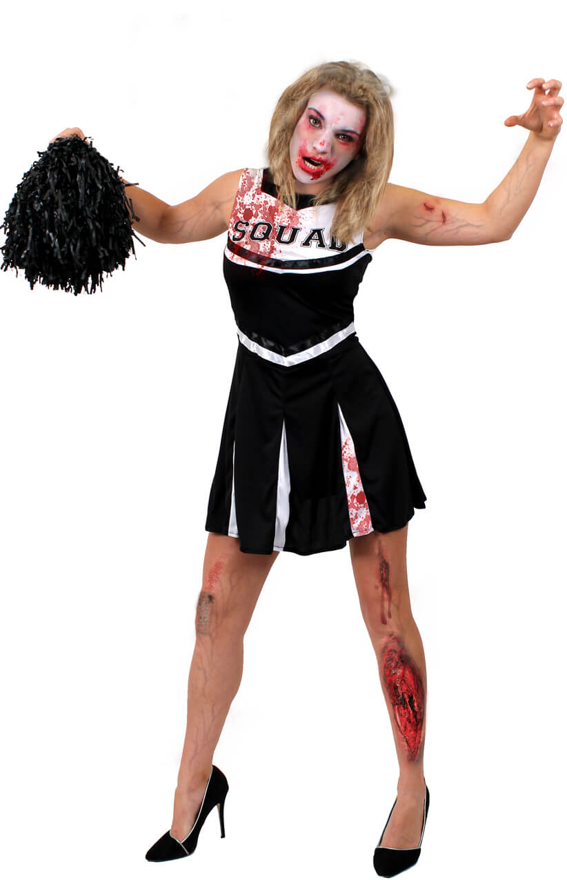 Ladies Black Zombie Cheerleader Halloween Fancy Dress Costume