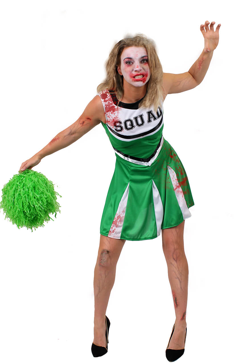 Ladies Green Zombie Cheerleader Halloween Fancy Dress Costume