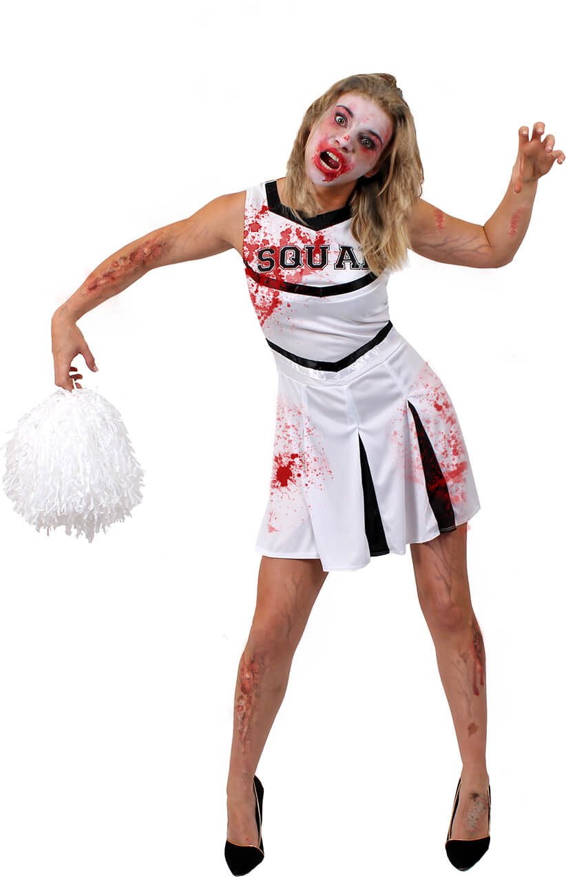 Ladies White Zombie Cheerleader Halloween Fancy Dress Costume