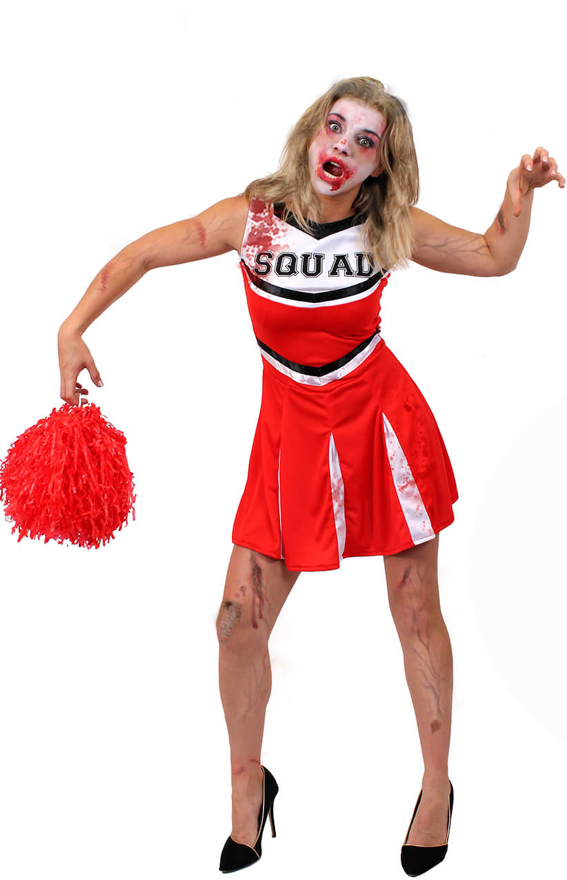 Ladies Red Zombie Cheerleader Halloween Fancy Dress Costume