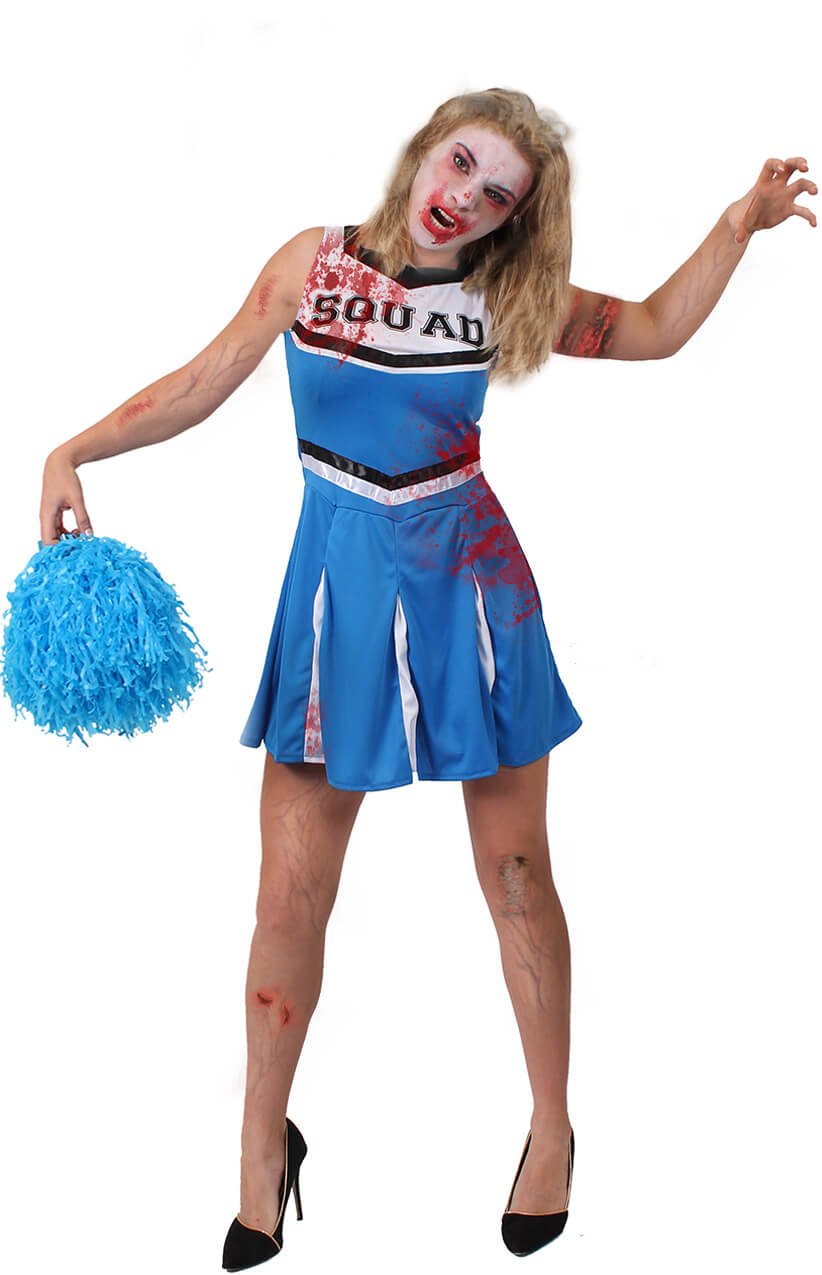 Ladies Blue Zombie Cheerleader Halloween Fancy Dress Costume