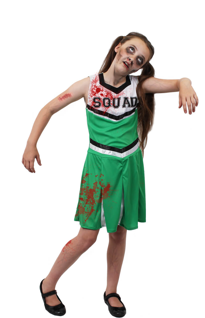 Girls Green Zombie Cheerleader Halloween Fancy Dress Costume