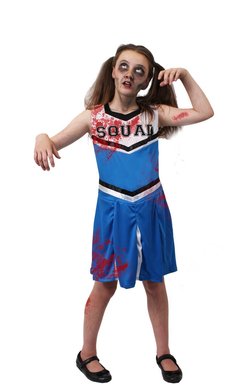 Girls Blue Zombie Cheerleader Halloween Fancy Dress Costume