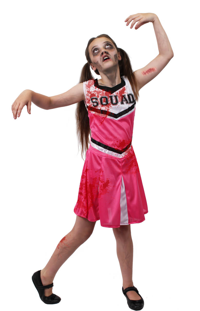Girls Pink Zombie Cheerleader Halloween Fancy Dress Costume