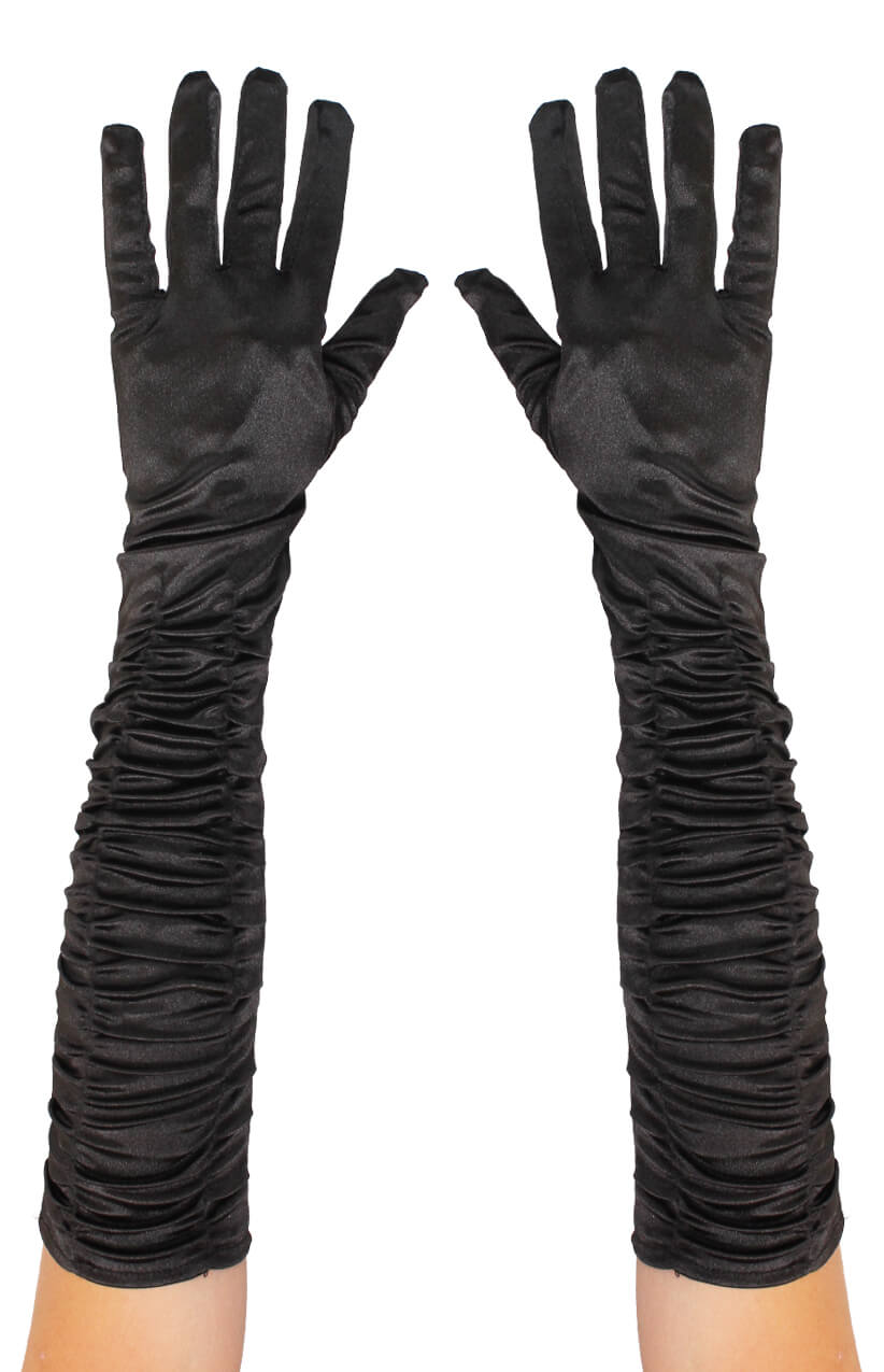 Long Black Gloves - Satin Ruched