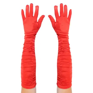 Long Red Gloves - Satin Rouched