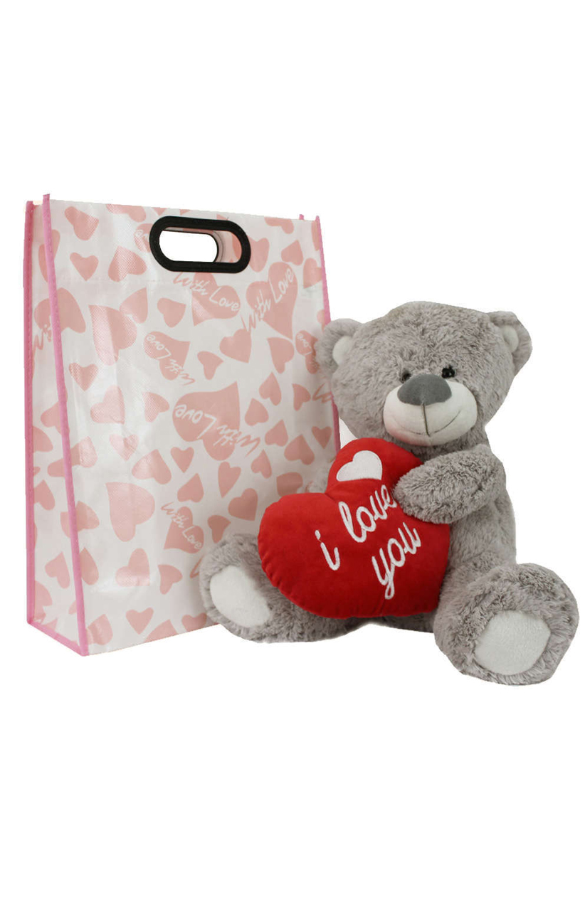 Grey Teddy Bear with I Love You Heart - Free Gift Bag