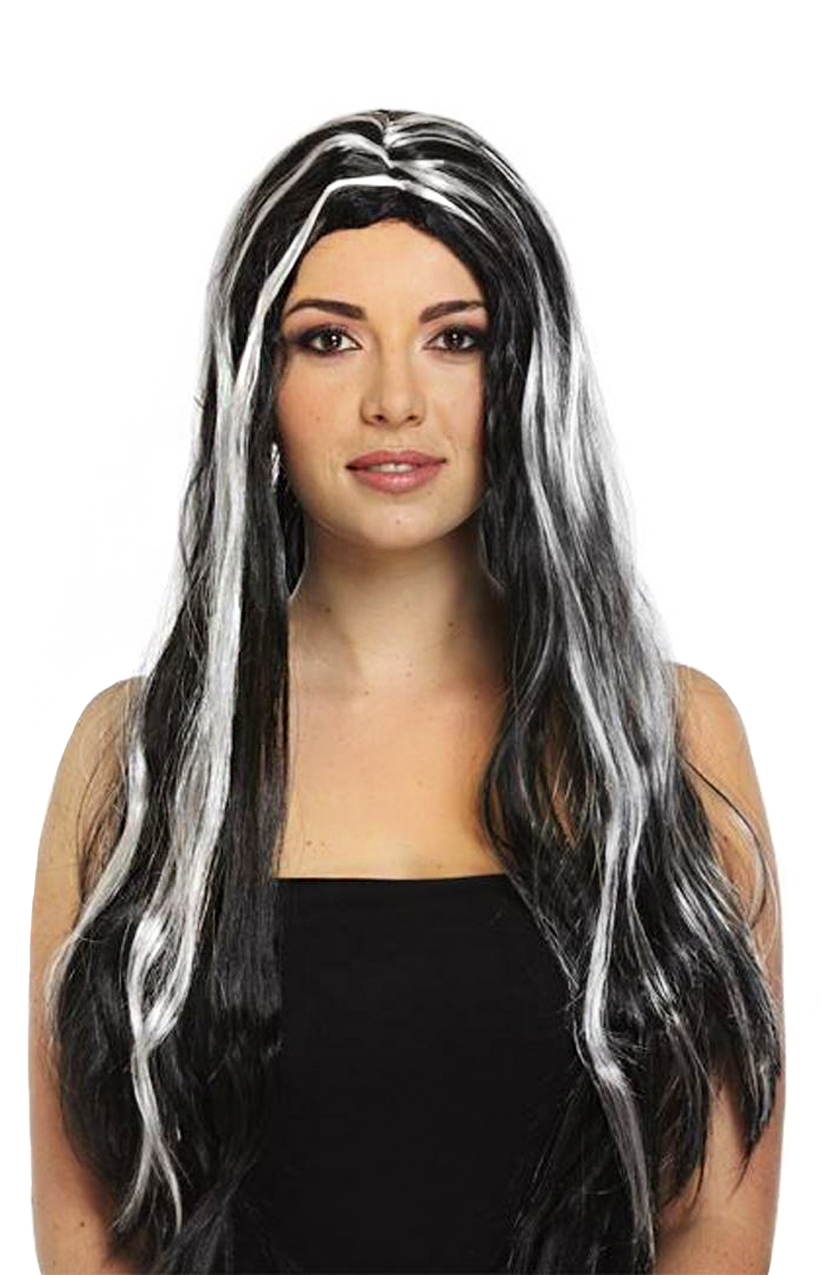 Long Black Wig with White Streaks