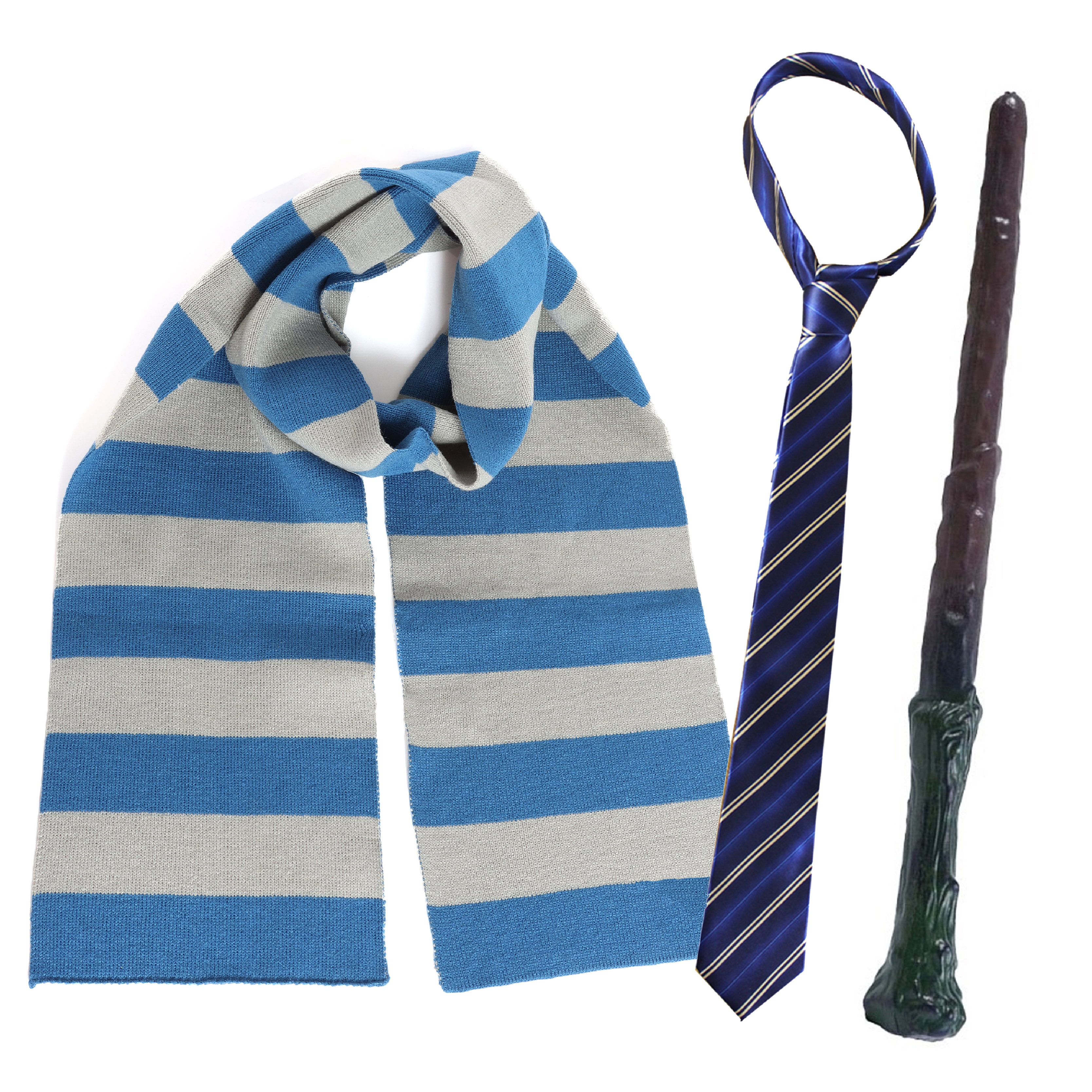 Blue & Grey Wizard Set - Scarf, Tie & Wand