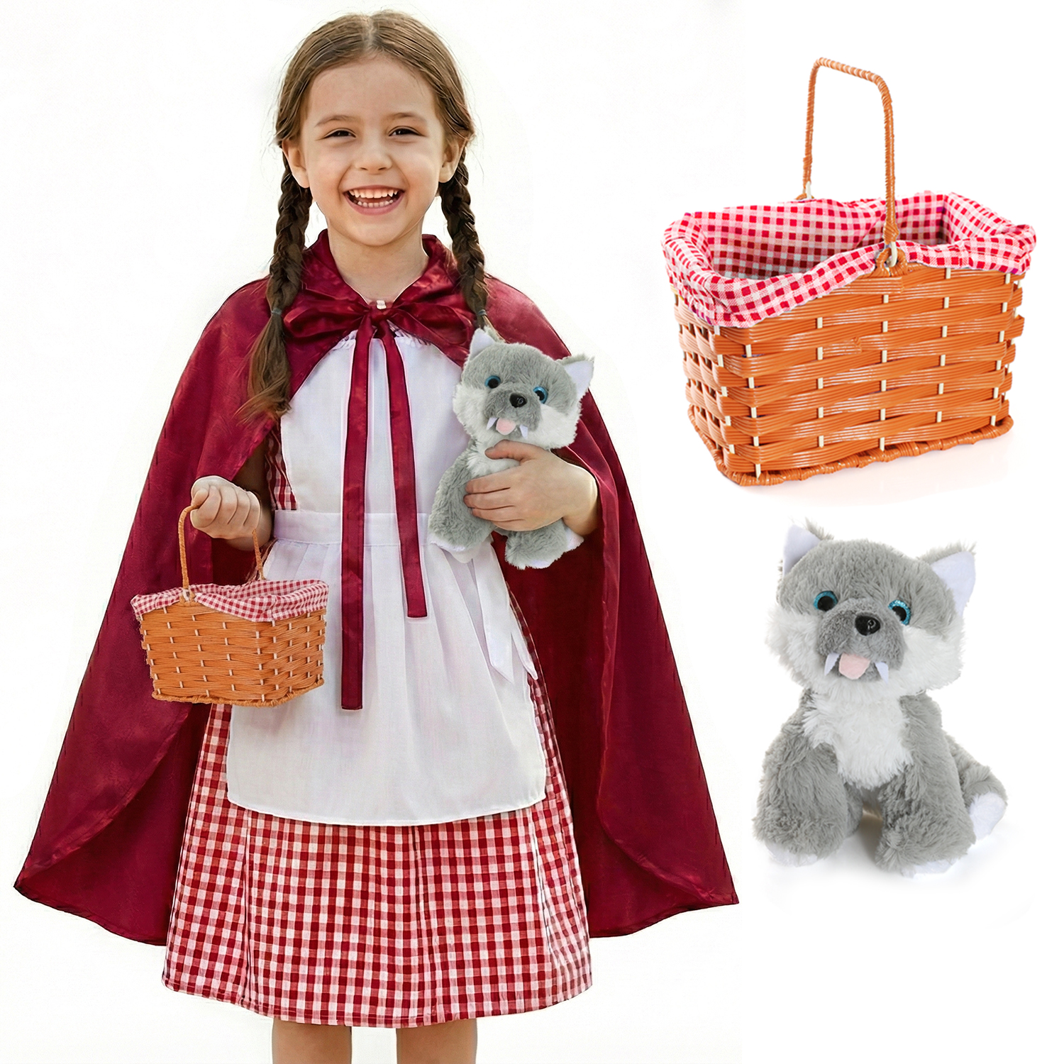 Girls Little Red Riding Hood Costume | 5 Pcs | Dress, Apron, Cape, Basket & Wolf