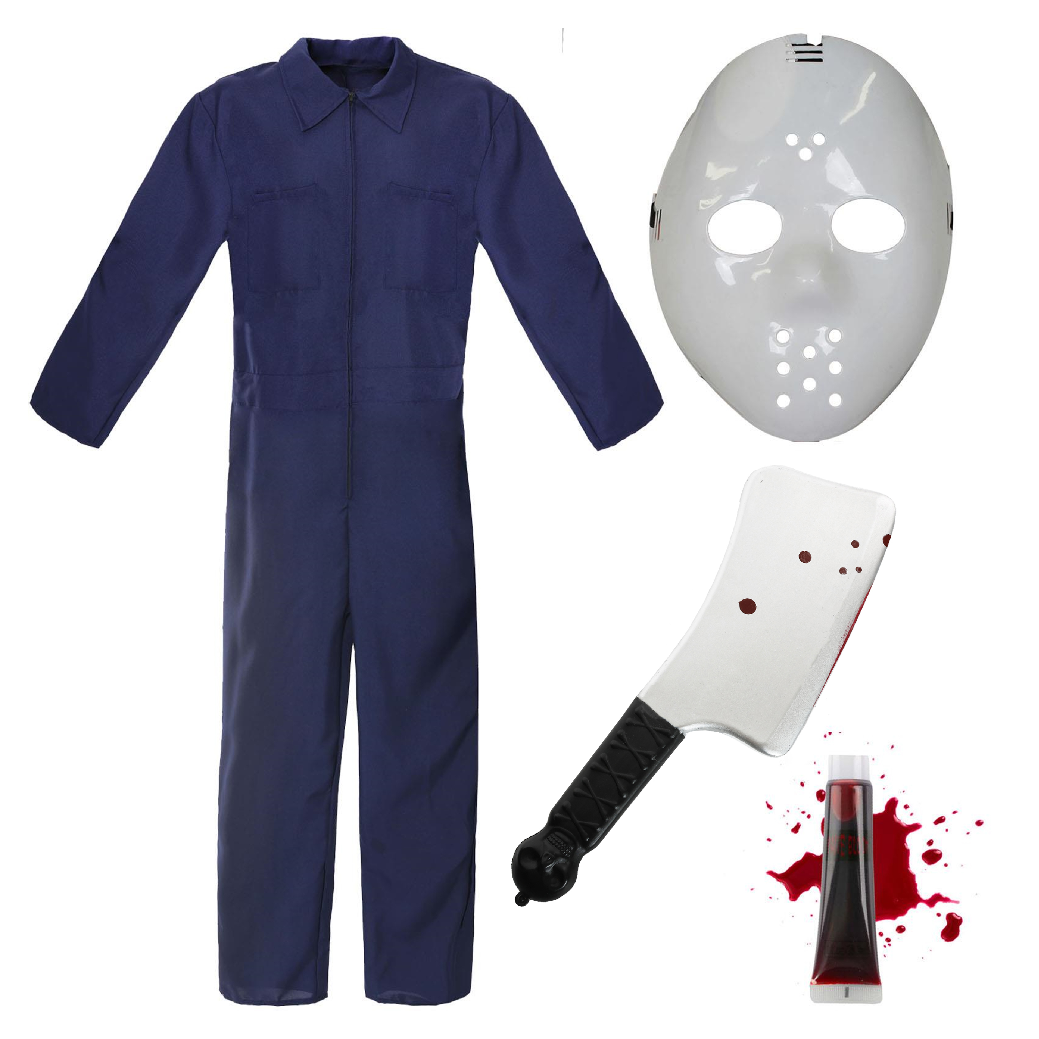Jason Vorhees Inspired Costume - Blue Jumpsuit Hockey Mask, Cleaver and Blood