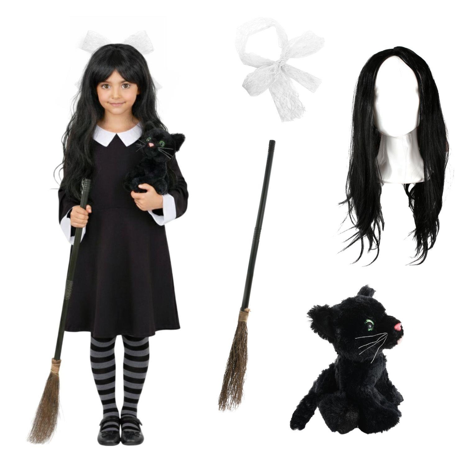 Girls Hooky Witch Costume | 5 Pcs | Collared Dress, Broom, Cat Toy, Wig & Hair Bow