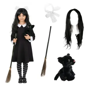 Girls Hooky Witch Costume | 5 Pcs | Collared Dress, Broom, Cat Toy, Wig & Hair Bow