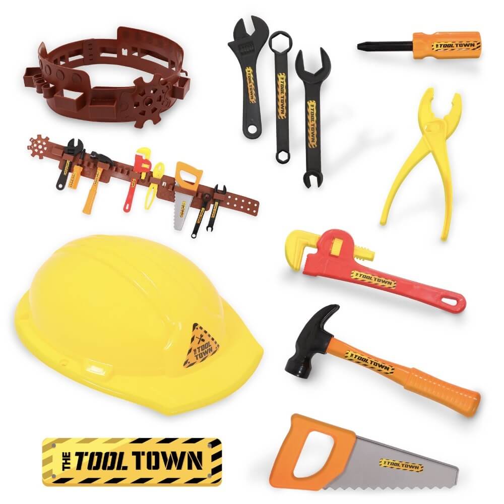 Kids Tool Belt Toy Set with Builders Hat - 10 Piece Set
