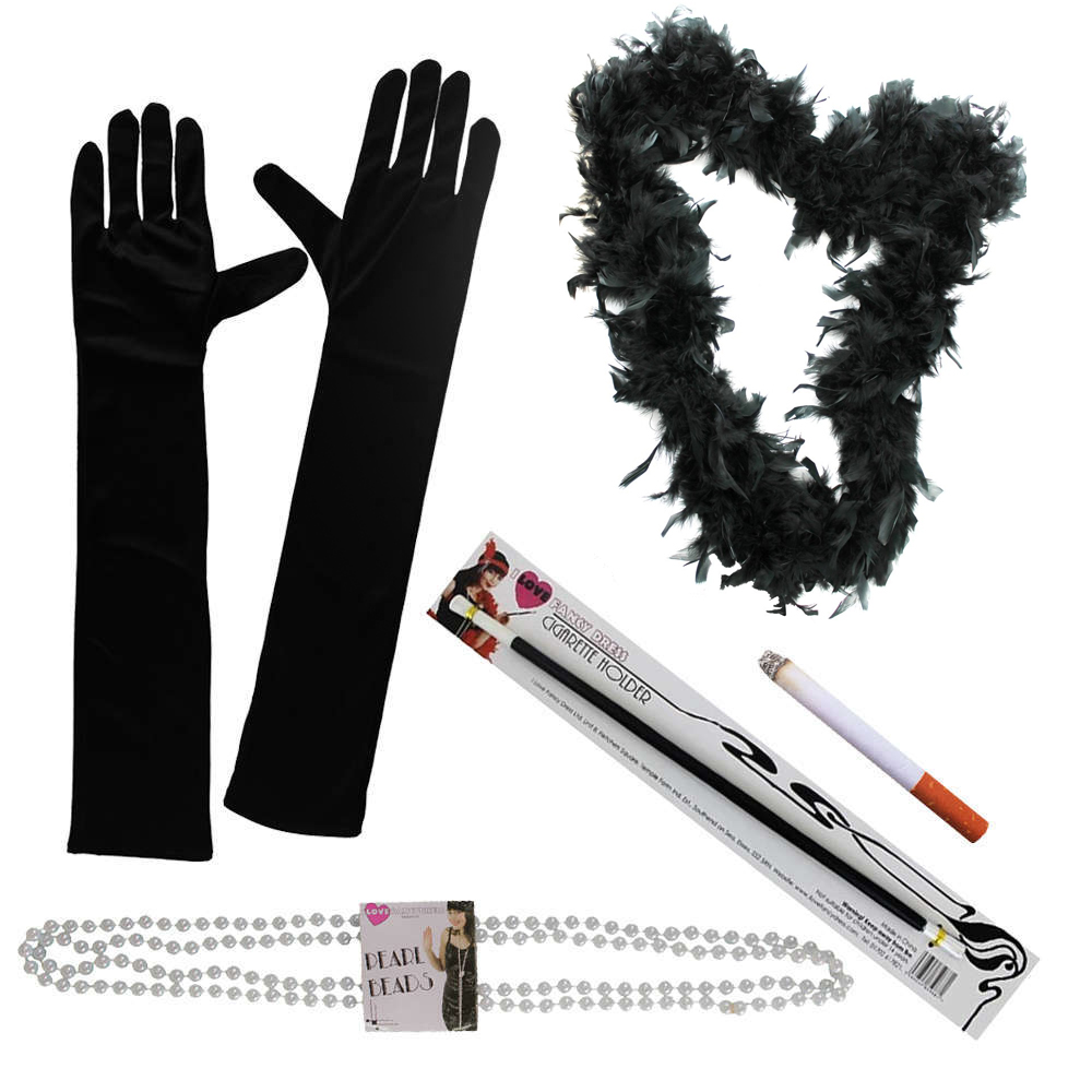 1920's Flapper Set - Black Gloves, Fur Stole, Pear Beads, Cigarette Holder & Fake Cigarettes